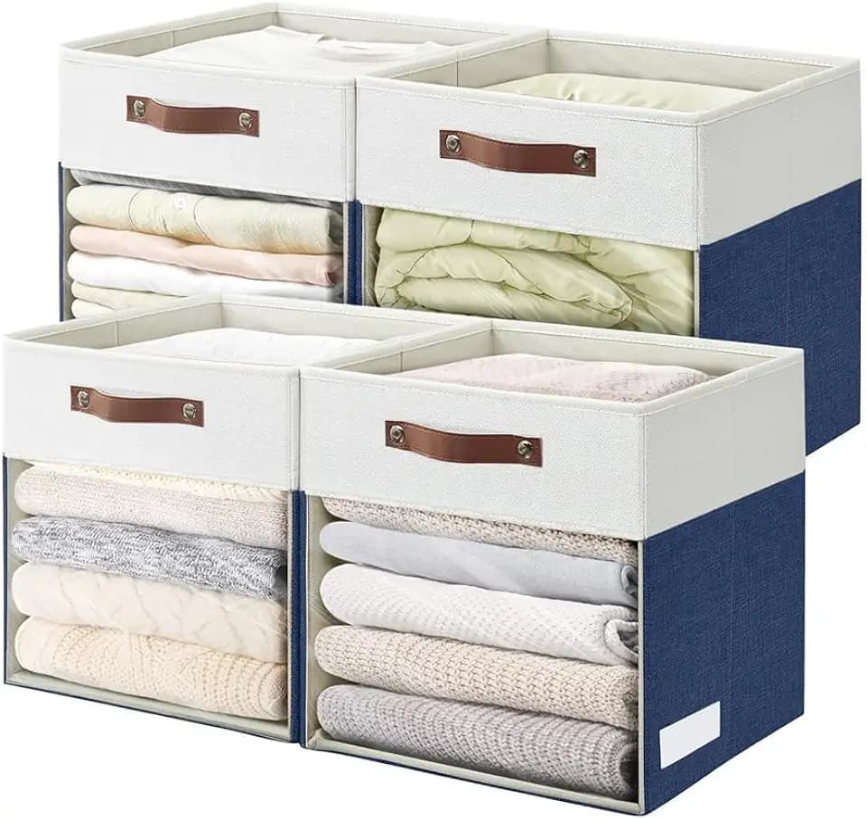 Bagnizer Storage Cubes, 4 Pack Linen Foldable Storage Bins (13 x 13 inch) with Clear Window and Handles, Fabric Organizer for Shelf Closet, Clothes, Books - (Navy Blue and White)