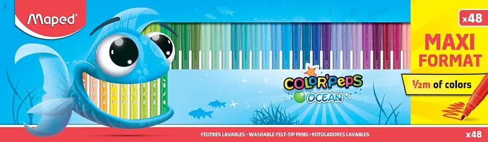 Maped - Filzstifte OCEAN - 48 Stück - XXL Packung 1/5 m - 2 mm mittlere Spitze - perfekt zum Zeichnen und Malen - resistente Spitze (nicht blockiert) - kräftige Farben - wiederverwendbare Verpackung