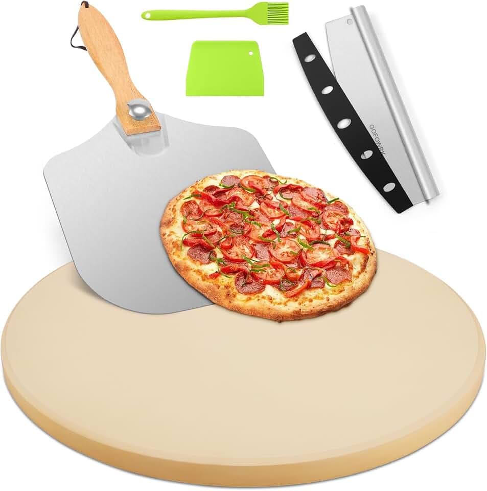 Pizzastein 5er Set, 38 cm Großes Runder Pizzastein für Backofen & Gasgrill & Außengrill mit Metall-Pizzaschieber & Pizzaschneider, 1,5 cm Verdickt Backstein für Backofen Brot