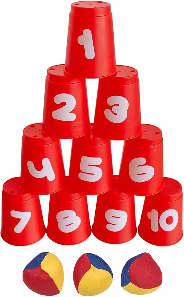 Idena 40416 - Ballwurfspiel mit 10 Bechern und 3 Bällen, ab 3 Jahren, für Geburtstagsfeiern, im Garten oder Park