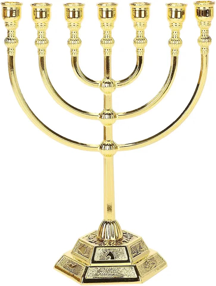 BRTAGG Menorah Kerzenhalter – 17 cm Höhe, 7 Zweige, vergoldet, zeigt 12 Stämme Israels und den Jerusalemer Tempel für jüdische Feiertage und Zeremonien (Modell: 4441)