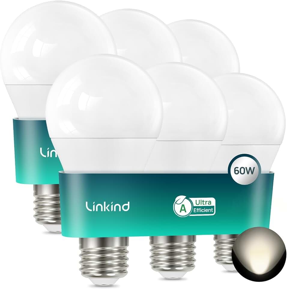 Linkind Ultraeffiziente E27 Lampe Matt, 3,8W=60W, 4000K Neutralweiß mit Energie Klasse-A, Nicht Dimmbar A60 Edison 806 Lm 200° Winkel, Energiesparend E27 LED Leuchtmittel, 6 Stück