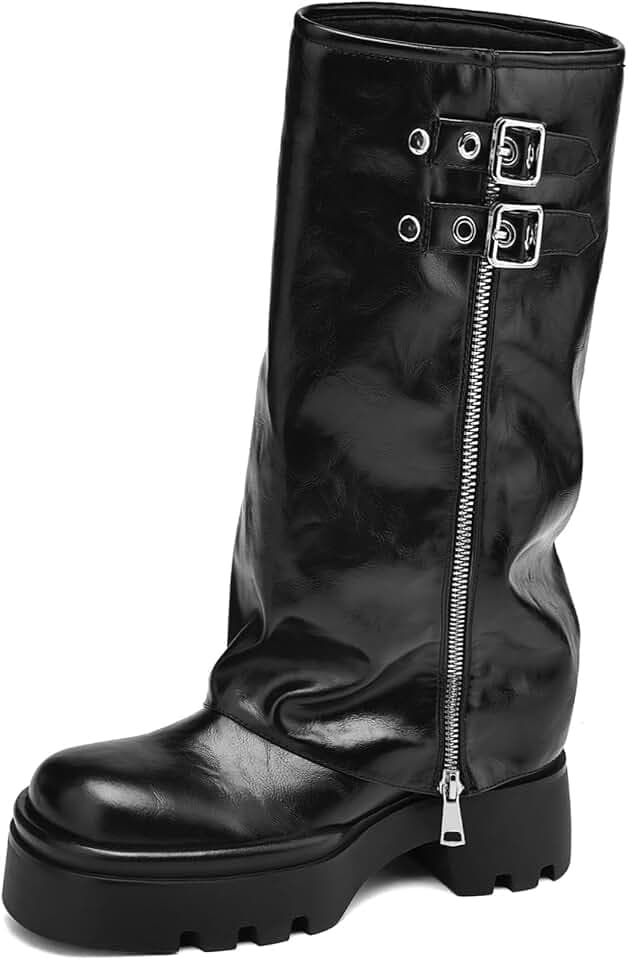 Knee High Riding Boots for Women Fold Over Chunky Heel Platform