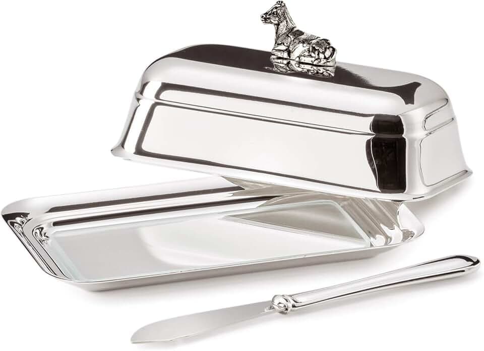 EDZARD Butterdose / Butterdose Kuh, 8 x 13 cm, für 180 Gramm Butter, Silber, anlaufgeschützt, mit Glaseinsatz, inkl. Buttermesser