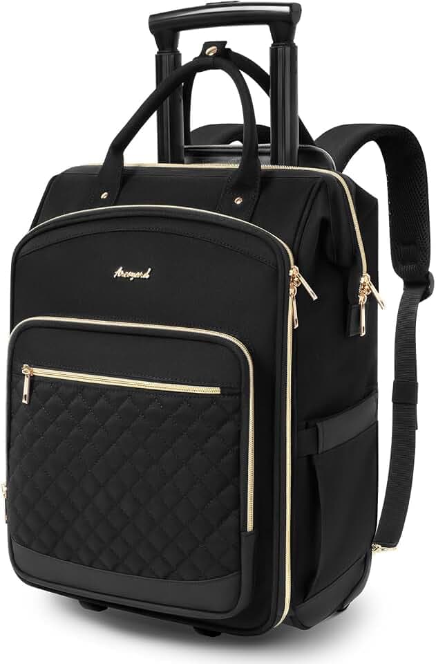 Rolling Backpack for Women, Travel Backpack with Wheels, Vertical Storage Wheeled Laptop Backpack, Overnight Underseat Carry on Luggage for College Business Work, Stylish Rolling Laptop Bag, Black