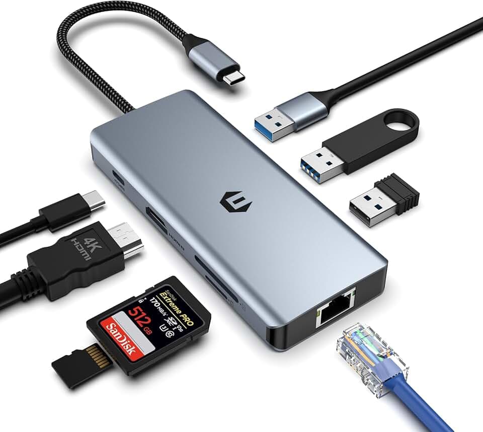 USB C Hub, 8 in 1 USB C Adapter, Dual Screen 4K HDMI, USB C Dock Station for Mac Pro/Air(Network, USB 2.0, 5 Gbps USB 3.0,PD 100W,SD/TF Reader) for Dell, Surface, HP, Lenovo