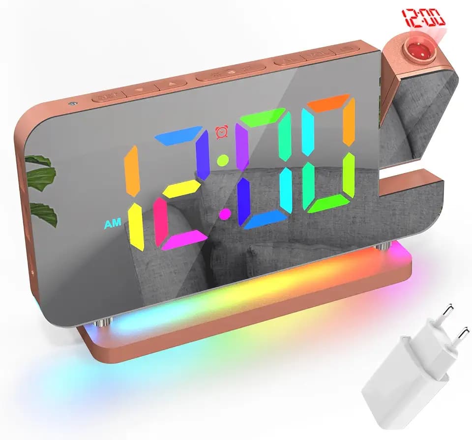 Lancoon RGB Wecker mit Projektor 11 Farben Zeitanzeige 6 Helligkeitsstufen Lautstärke Schlummern 12/24H Modus Stecker Inklusive