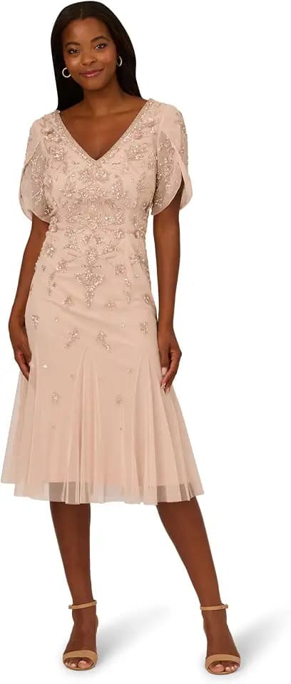Adrianna Papell Women's Bead Mesh Midi Godet Dress