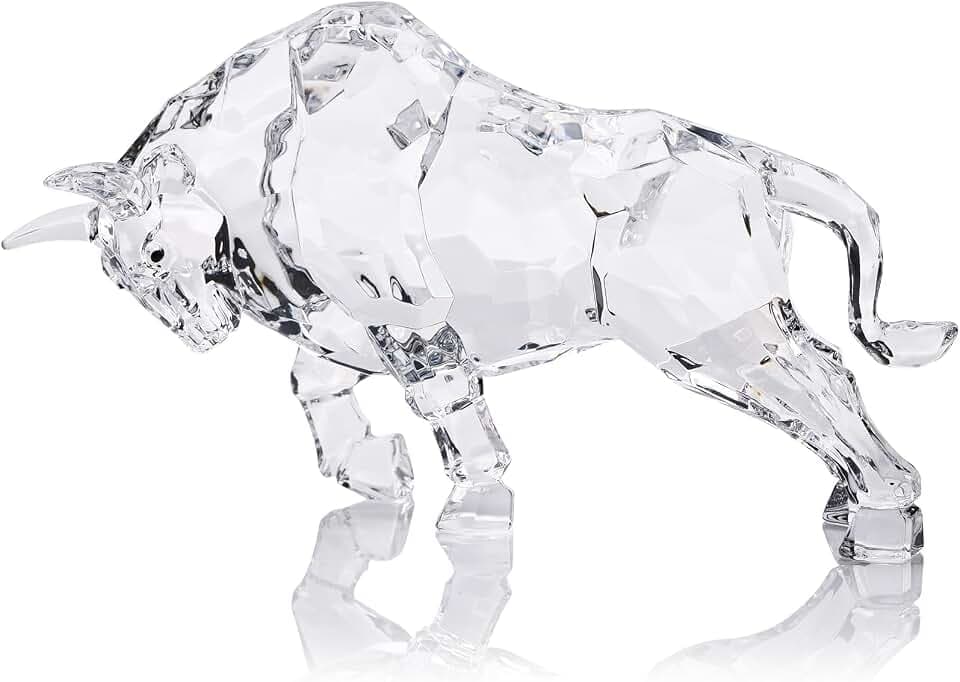 Fengsui Wall Street Bull Statue,Geometric Ornaments Sculpture,Acrylic Bull Figurine Suitable Gifts for Stock Market Lovers, Crystal Figures for Desk Ornaments,Tv Stand Knick Knacks (White)