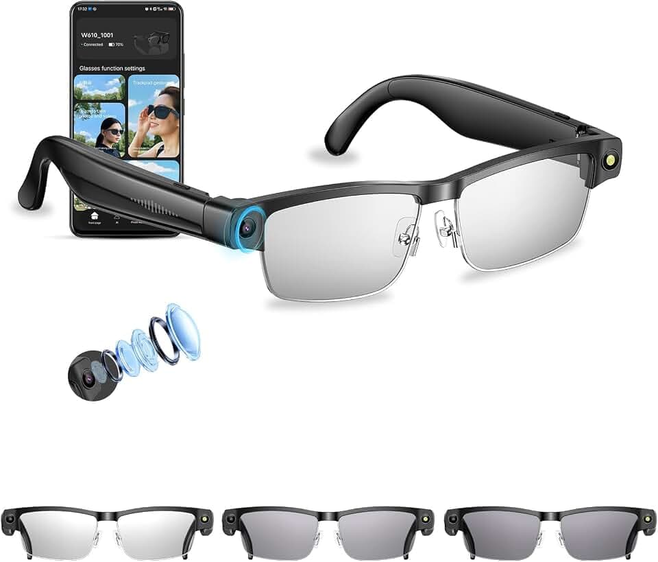 AI Smart Glasses with 4K Camera, 8MP HD Camera Glasses-Anti-Shake Video Recording, GPT Vision,AI Voice Control,Dual Clear BT Call&Translate,UV/Blue Light Smart Sunglass Tint Lenses for Travel Meeting