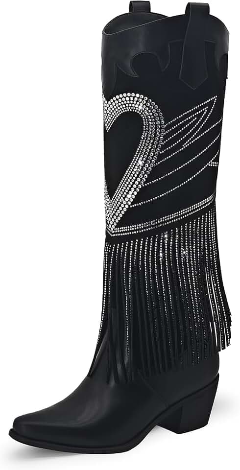 Women's Sparkly Fringe Rhinestone Knee High Cowboy Boots Glitter wide calf Pull On Pointed Toe Low Chunky Tall Cowgirl Boots Fashion bling Sexy Retro Party Wedding Shoes