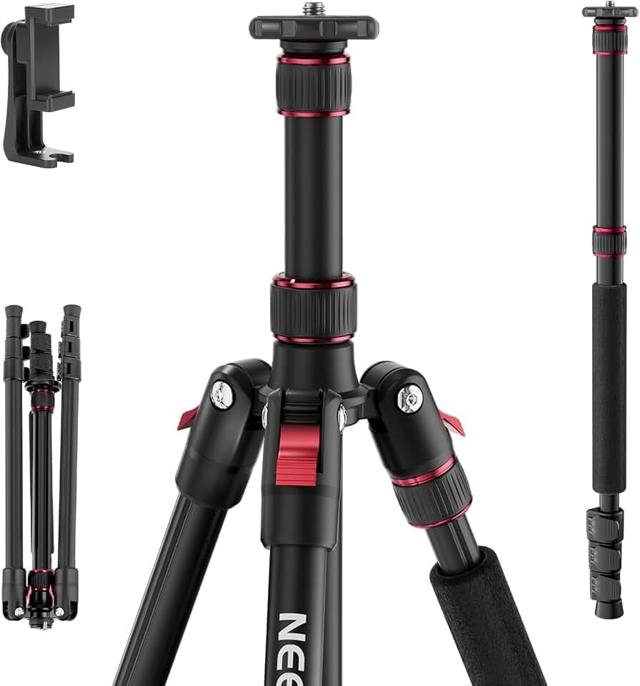 NEEWER Basics TP15 Camera Tripod Monopod, 68" Metal Heavy Duty Portable Travel DSLR Cell Phone Stand with Cellphone Holder Mount Compatible with iPhone Filming Video Recording, Ball Head Not Included