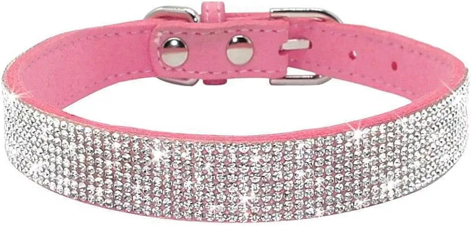 Rhinestone Dog Collar, Cute Dazzling Sparkling Soft Suede Leather Adjustable Pet Dog Cat Collar Crystal Diamond for Puppy Small Medium Large Dogs (L:38-46cm, Pink)