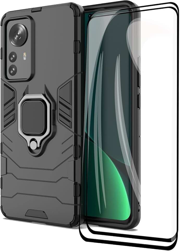 GOKEN Hülle für Xiaomi 12 Pro + 2 Panzerglas, Schutzhülle TPU/PC Handyhülle mit 360 Grad Drehung Fingerring Ständer, Stoßfest Bumper Armor Case Hybrid Cover, Schwarz