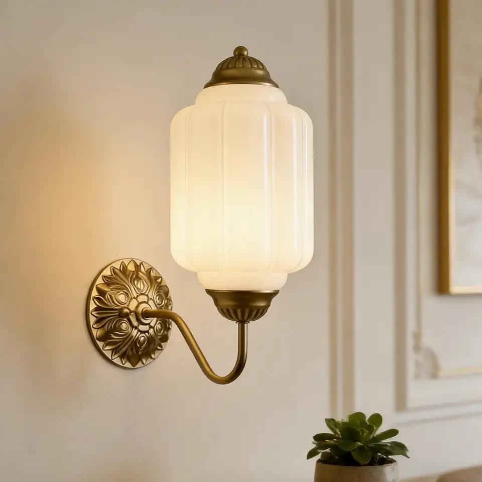 HYDELITE Vintage Gold Milk Glass Wall Sconce with White Pumpkin Shade