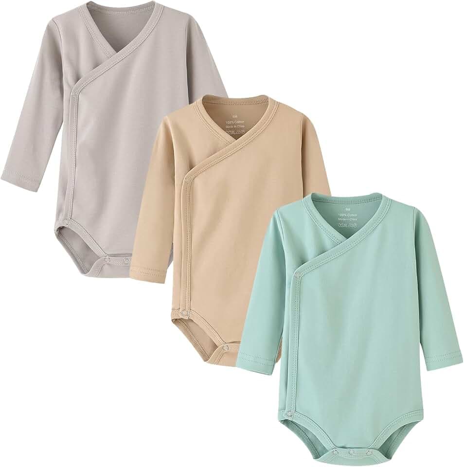 BINIDUCKLING 3er Pack Baby Jungen Mädchen Langarm Wickelbodys - 100% Baumwoll Baby Body mit Seitlichen Druckknöpfen für Neugeborene-12 Monate