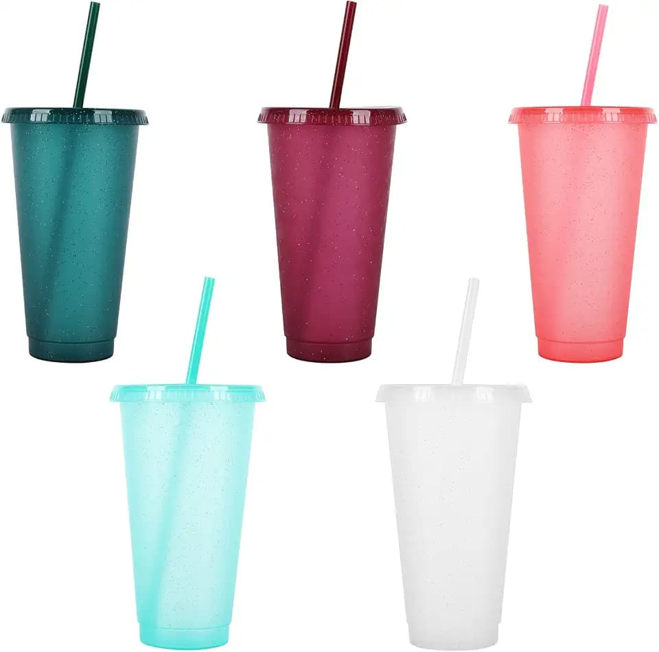 TSLBW Bunte Plastikbecher 5 STK Kunststoffbecher wiederverwendbar mit Deckelstrohhalmen, bunt, bruchsicher, Trink-Becher, Party, Camping-Geschirr, Kinder