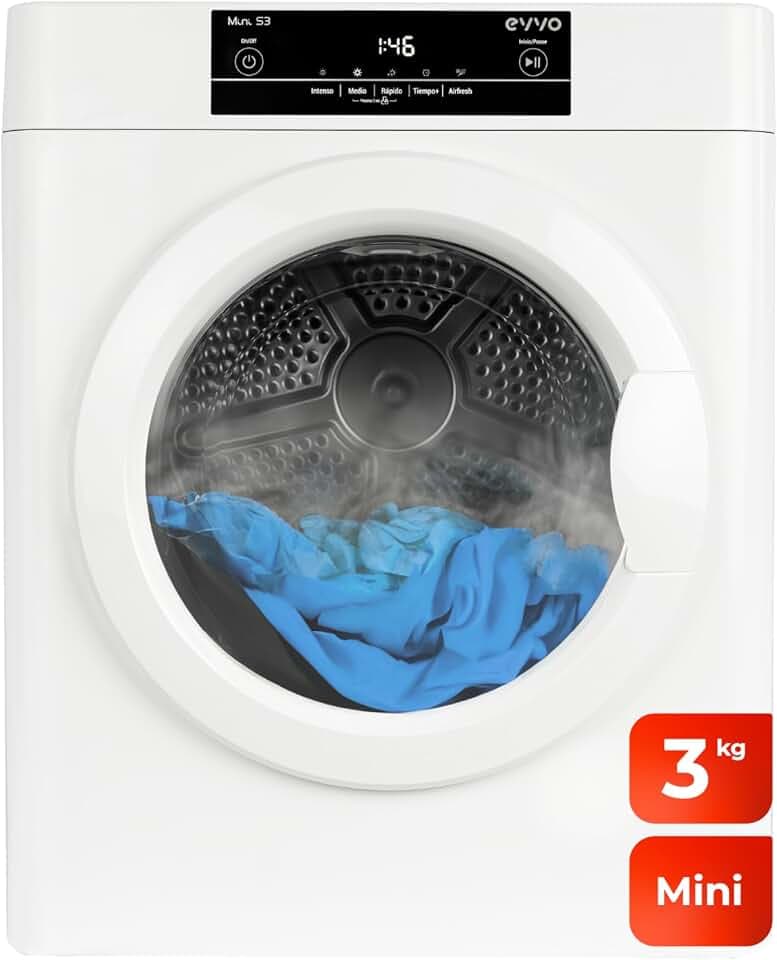 EVVO Wäschetrockner Mini S3, spanische Marke, Kapazität: 3 kg, keine Installation erforderlich, tragbarer Trockner, Airfresh-Technologie, Feuchtigkeitssensor (weiß)