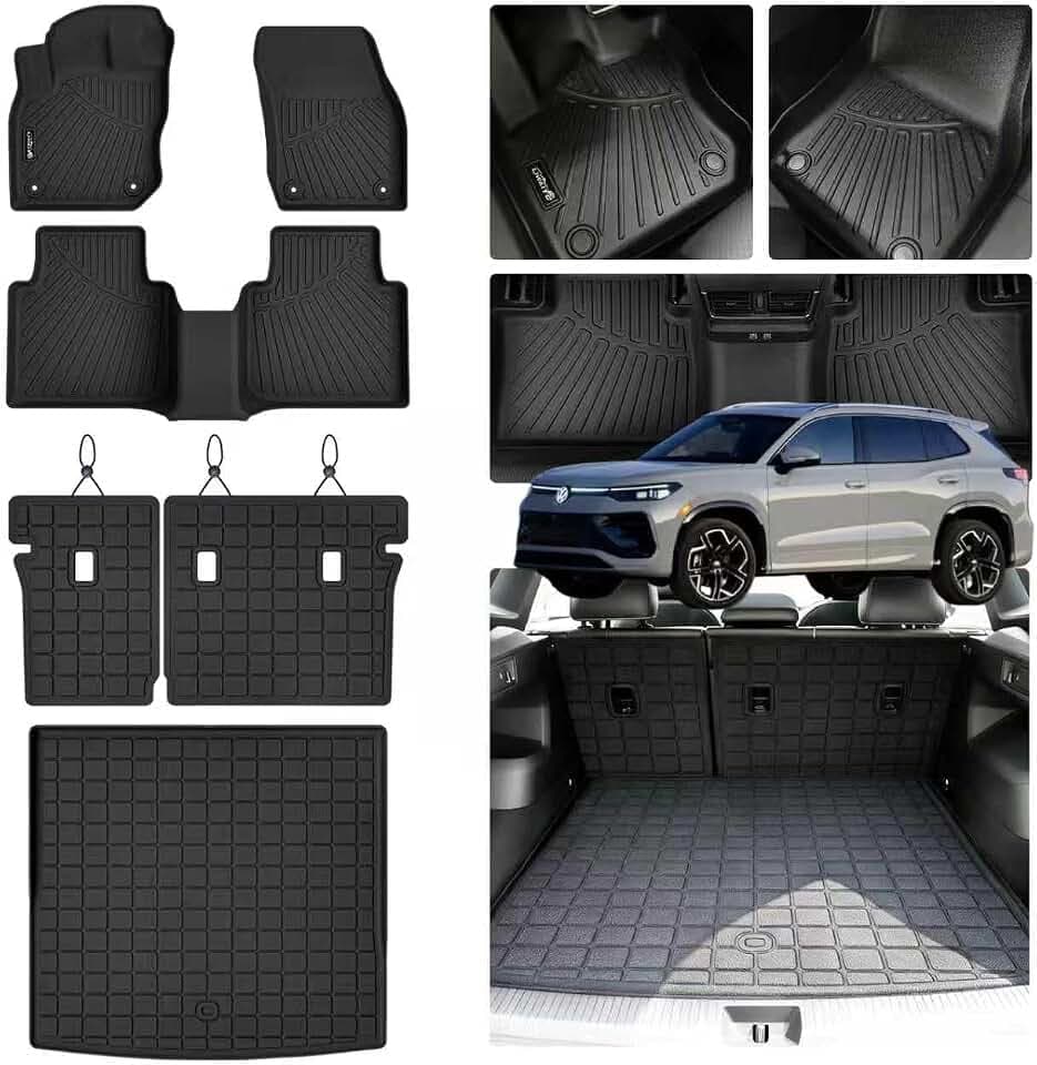 Floor Mats for 2025 2026 2027 Volkswagen Tiguan & Cargo Liners & Backrest Mat,TPE All Weather Protection 1st & 2nd Row Floor Liners with Trunk Mat Covering The Backrest Accessories