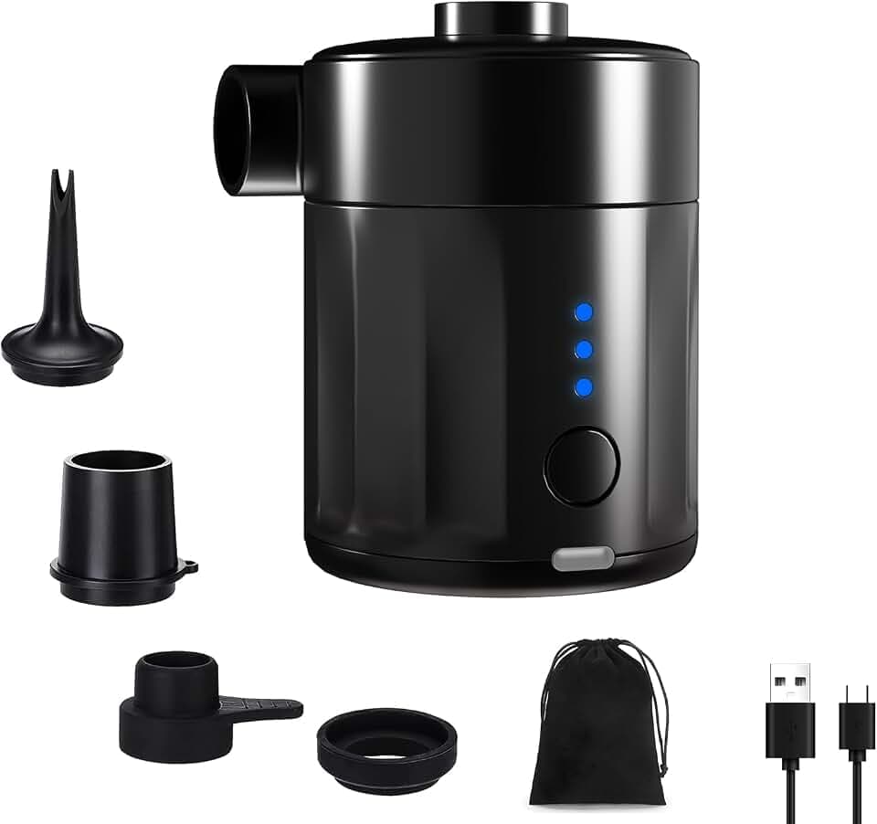 Mojimdo Tragbare Elektrische Luftpumpe, 5000 Pa Pumpe Akku, 450L/Min, Kompakte Air Pump mit 4 Düsen, für Camping, Luftmatratze, Schwimmring, Luftkissen, Schlauchboot, Vakuumbeutel