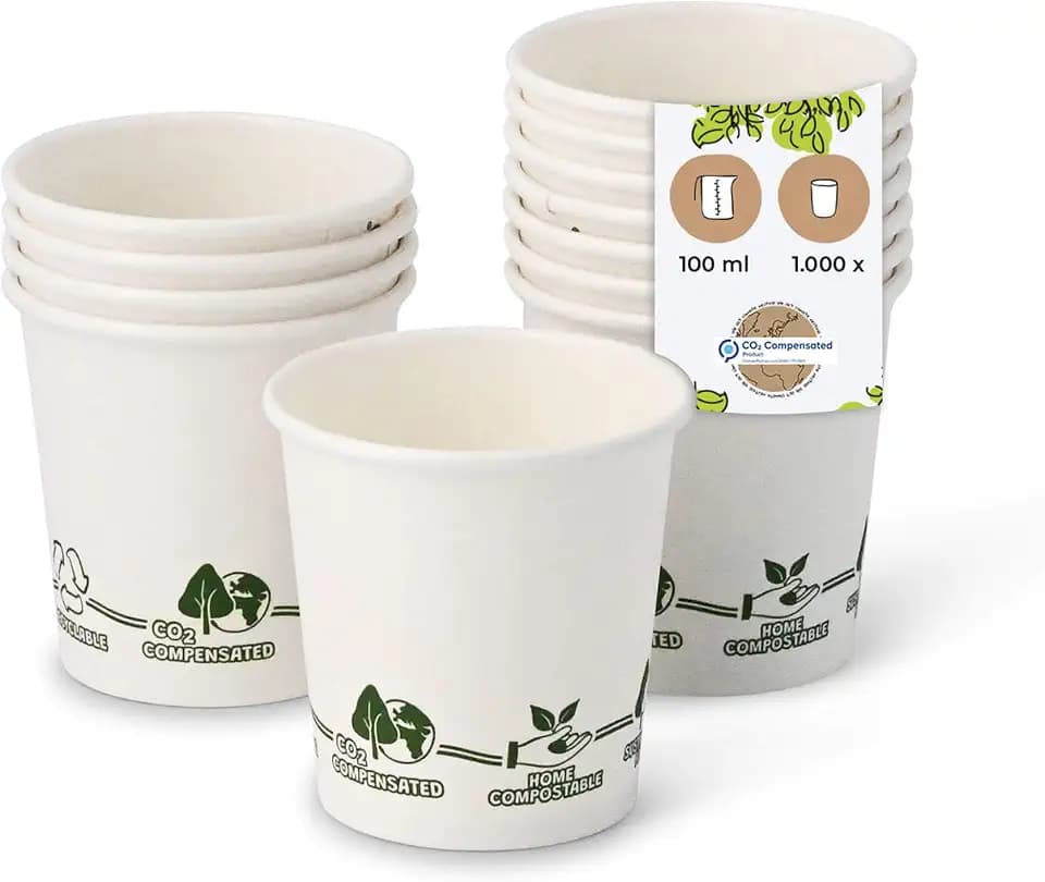 BIOZOYG 1000 Stück Kaffeebecher Pappbecher 100ml / 4 oz Ø 62 mm weiß mit Umweltmotiv - Einwegbecher plastikfrei - Becher aus nachhaltiger Forstwirtschaft - Kaffeebecher Einweg