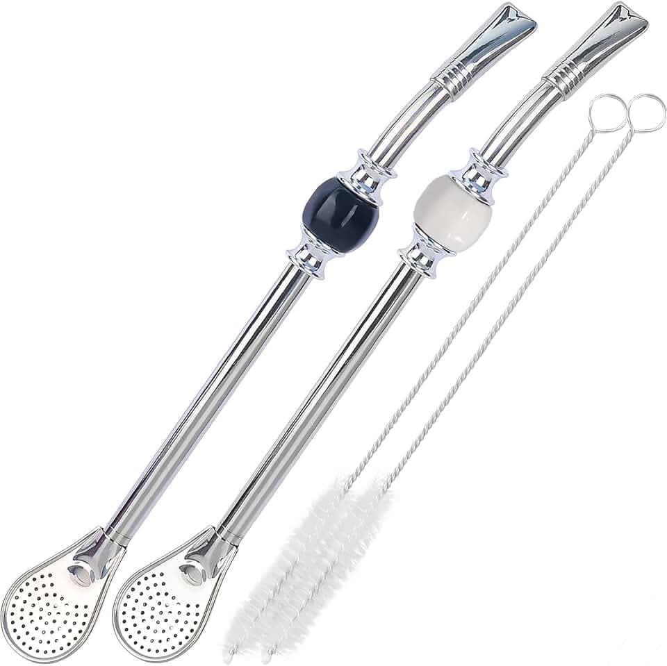 Premium Yerba Mate Straws - Reusable Stainless Steel Bombilla Straw with Colorful Beads - Set with Removable Head Filter (Black & White)