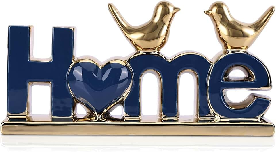 LCCCK Home Sign Statue and Gold Love Birds Figurines, Modern Animal Home Decor Knick Knack, Ceramic Bird Statue for Floating Shelf Coffee Table Bookcase TV Stand Accent Side Table Decorative