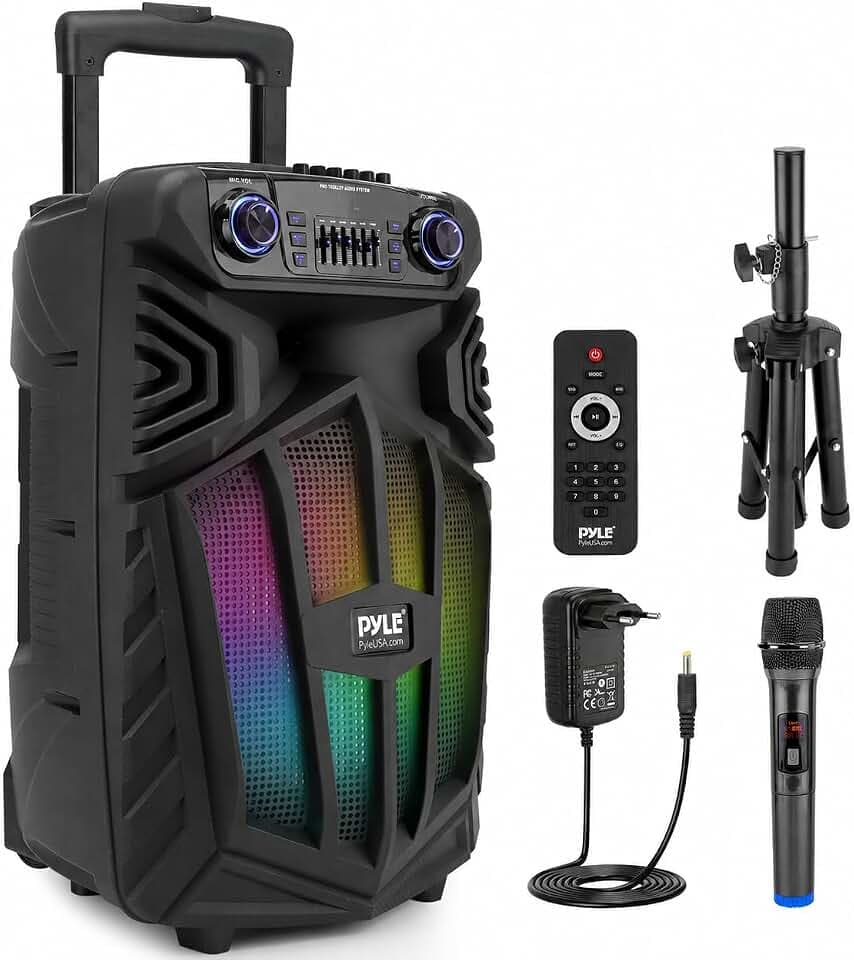 Pyle Tragbarer Bluetooth-PA-Lautsprecher, 1680 W, wiederaufladbar, (15 Zoll) Karaoke-Party-Lautsprecher, Audiosystem mit kabellosem Mikrofon und Rädern, TWS, Partylichter, LED-Display, 6,5 mm