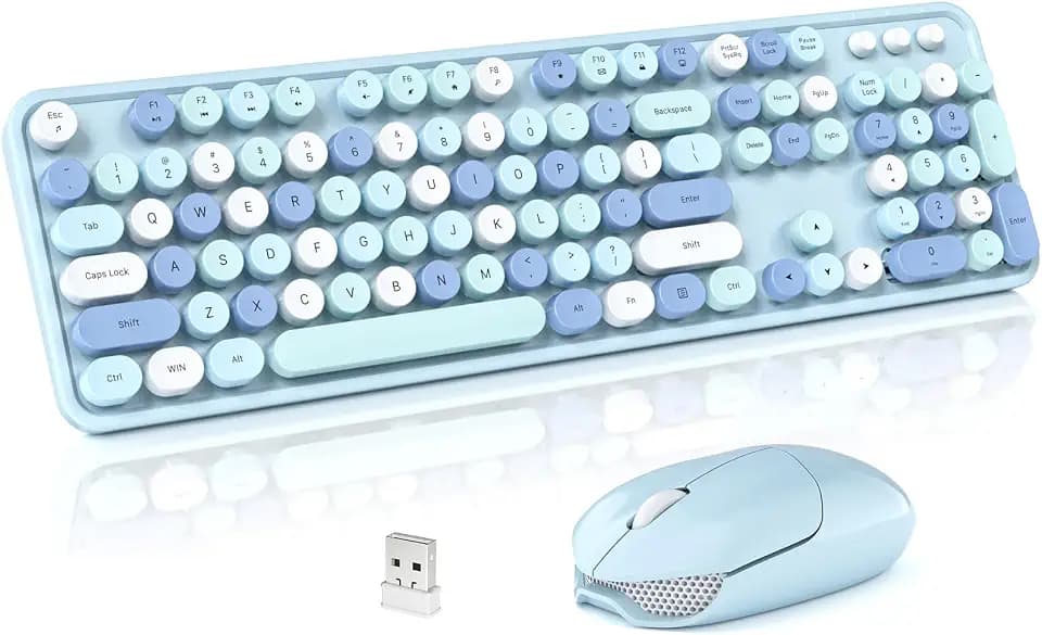 Wireless Keyboard and Mouse Combo, 2.4GHz Retro Full-Size Typewriter Keyboard with Number Pad and Wireless Mouse for PC/Laptop/Desktop/Windows (Pale Blue)