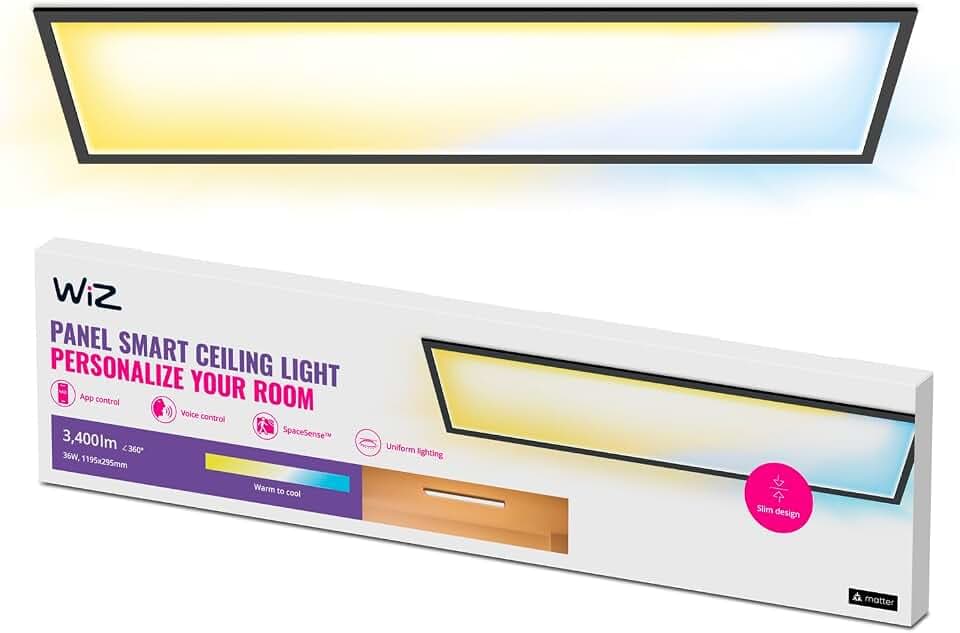 WiZ Panel Deckenleuchte Tunable White, dimmbar, 36 W, 1195 x 295 mm, warm- bis kaltweiß, quadratisch, smarte Steuerung per App/Stimme über WLAN, schwarz