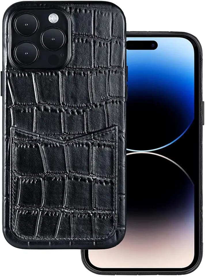 kompatibel mit iPhone 14 Pro Wallet Hülle, Italienischer Lederfall für iPhone 14 Pro mit Kartenhalter eingebaute Magnete für Magsafe-Krokoschwarz