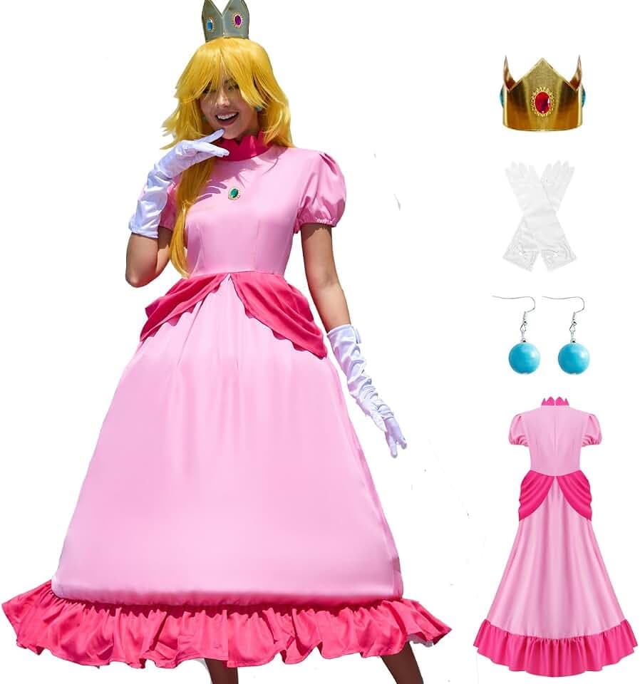 Prinzessin Pfirsich-Kostüm für Damen, 2023, Superbrüder, Cosplay, Kleid, Krone, Ohrringe, Handschuhe, komplettes Set, Erwachsenen-Halloweenanzug