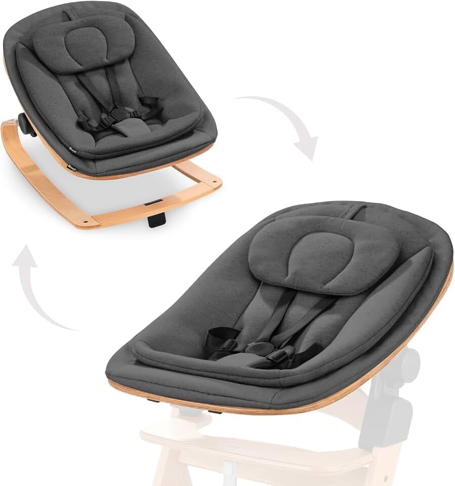 hauck Holz Babywippe & Hochstuhlaufsatz, Highchair Bouncer Eco Deep Grey | Ergonomischer 3in1 Neugeborenenaufsatz für Alpha+ & Beta+ hauck Hochstuhl ab Geburt bis 15 kg, 5-Punkt-Gurt, Baumwollbezug