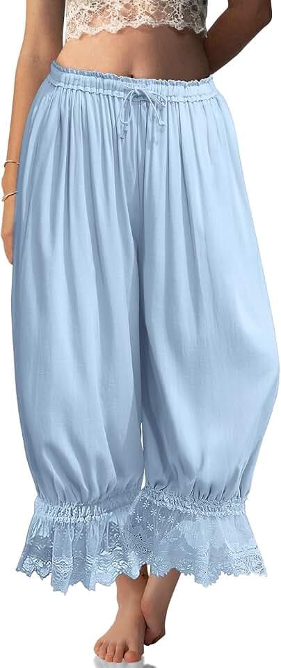 TARSE Womens Linen Lace Trim Long Bloomers Pants with Pocket