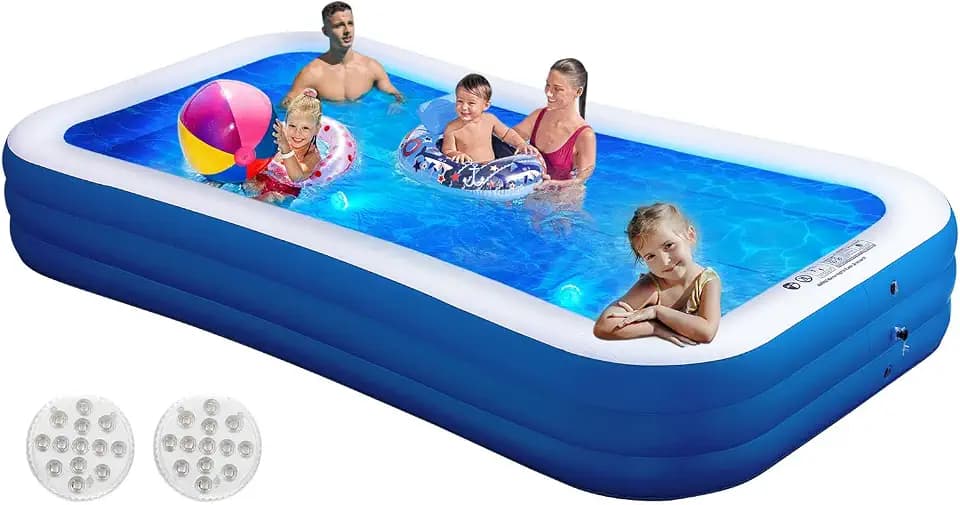 Inflatable Swimming Pool with Pool Lights, 130" x 72" x 22" Full-Sized Large Inflatable Family Pool, Summer Water Party, Outdoor, Garden Backyard, Suitable for Adults