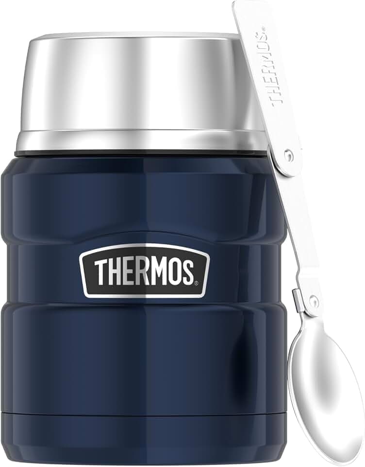 Thermos STAINLESS KING Thermobehälter 0,47 l, 9 h heiß, midnight blue | 14h kalt, absolut dicht, Edelstahl-Isolierbehälter für Essen, mit Löffel, Lunchpot für Suppen & Mahlzeiten, blau glänzend
