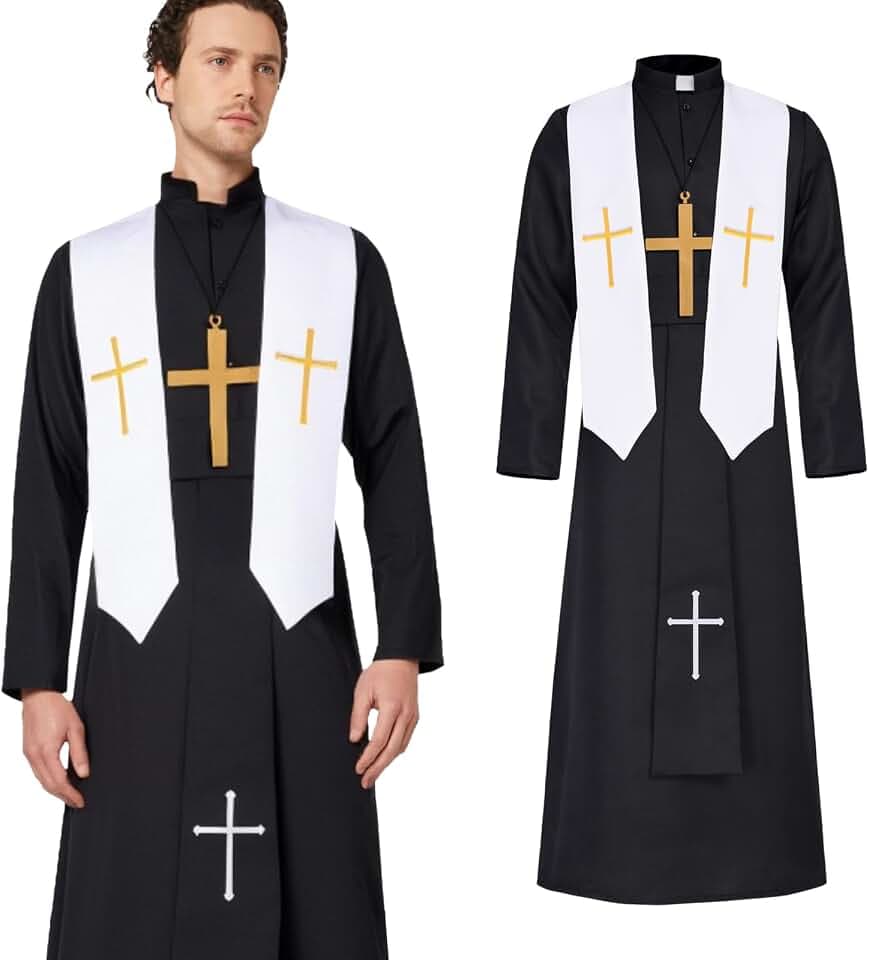 Priest Costume for Men- Holy Priest Accessory Outfit with Stole, Plastic Monk Cross for Halloween Dress Up Party