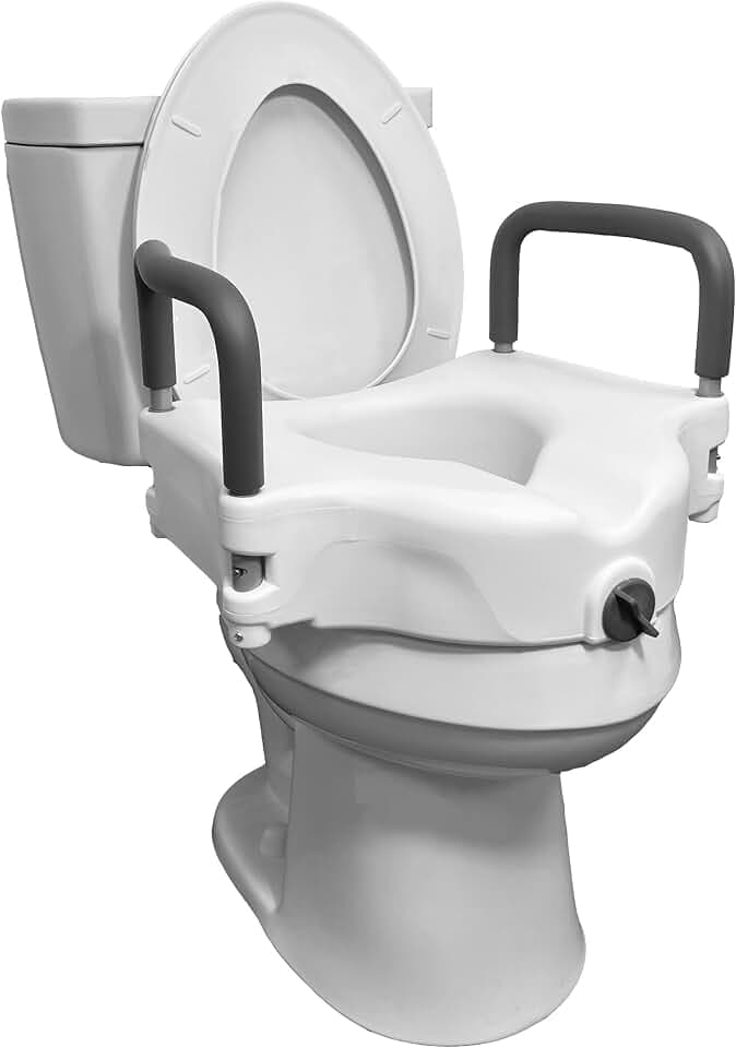 ProBasics E-Z Lock Raised Toilet Seat with Handles, 4.5" Toilet Seat Riser with Arms, Fits Most Elongated and Round Toilets, 17" Seat Width & Height, 19.25" Width Between Arms, White