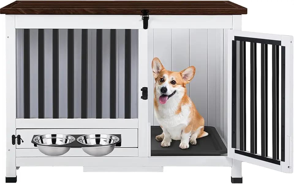 Agitree 33.3 Inch Wooden Dog Crate Furniture - Multi-Functional Dog Crate Side Table with 360° Swivel Feeder for Small and Medium Dogs with Removable Tray, Easy to Assemble, Easy to Clean