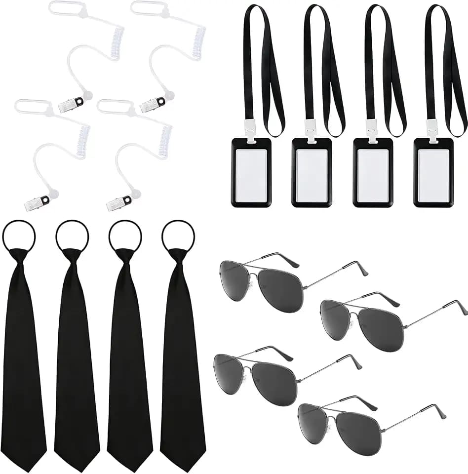Degpum Secret Agent Costume Accessories,Spy Costume Men in Black Costume Accessories Fake Ear Piece Sunglasses Tie and ID Card Secret Service Security Guard Ear Piece Spy Costume