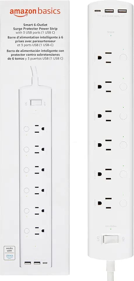 Amazon Basics Smart Plug Power Strip with 6 Individually Controlled Outlets and 3 USB Ports (2 USB-A and 1 USB-C), WiFi, Works with Alexa Only, 2.4 GHz, No Hub Required, White