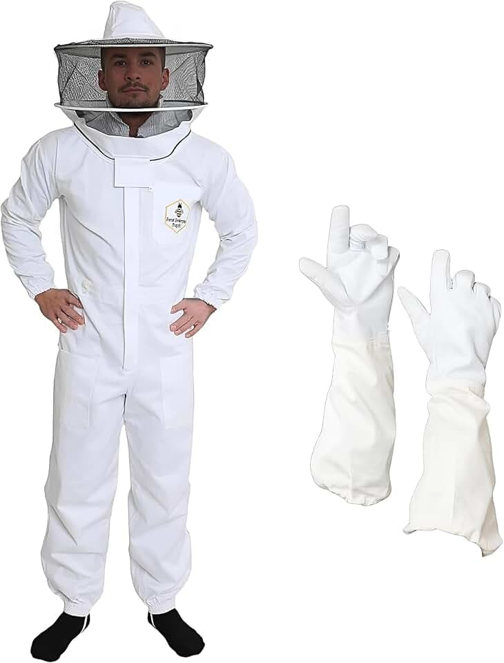 Professional Bee Suit for Men and Women, Beekeeping Suit with Bee gloves, 100% Cotton Beekeeping Suits Outfit for Hobbyists, Backyard & Commercial keepers - Large
