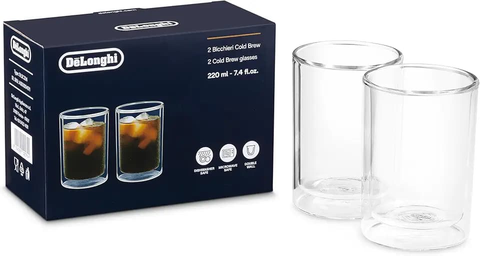 De'Longhi Cold Brew DLSC324 Coffee Gläser, Doppelwandige Thermogläser, 2er-Set, Spülmaschinengeeignet, Fassungsvermögen 220 ml, Ideal für kalte und warme Kaffeegetränke