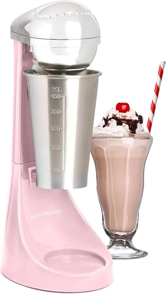 Nostalgia Two-Speed Electric Milkshake Maker and Drink Mixer, Includes 16-Ounce Stainless Steel Mixing Cup and Rod, Pink