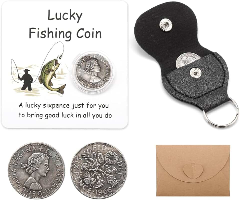 Lucky Fishing Coin mit Schutzhülle und Leder Schlüsselanhänger, Silber Sixpence-Fischer Geschenk, 1966 Lucky Sixpence-Münzen für Männer - Angeln Geburtstagsgeschenke für Papa Ehemann Bruder