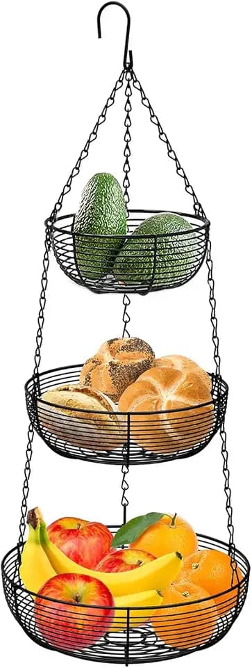 3-Etagen Obstkorb Hängend,Metall Schwarz Hängender Obstkorb mit Haken,Verstellbarer Hängekorb für Küche,Ideal zur Aufbewahrung von Obst,Gemüse,Brot und Lebensmitteln
