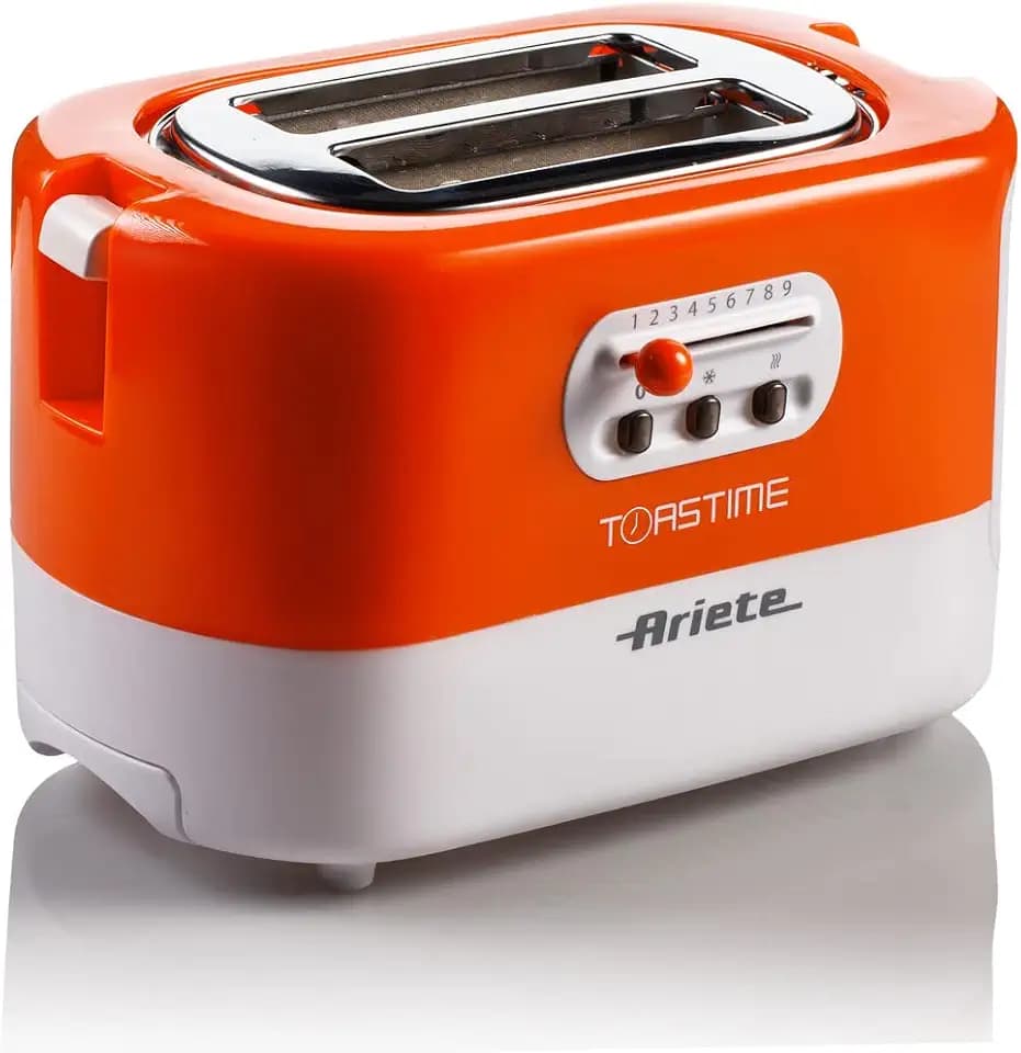 Ariete 159 Toasttime, Weißer Toaster, 2 Scheiben Kapazität, 9 Bräunungsstufen, 700 W, 3 Funktionen, Orange