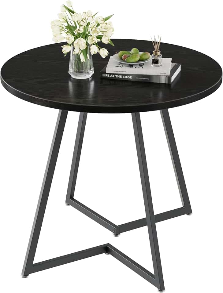 VECELO Round Dining Room Table with Wood Grain Tabletop and Steel Frame, for Kitchen, Living Room, Office, Conference, 2 to 4 Person, Black