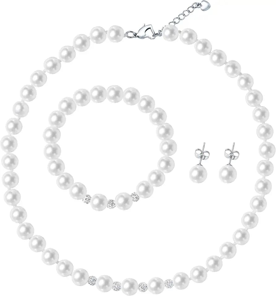 Pearl Jewelry Set for Women & Girls, Rhinestone Necklace Bracelet Earrings