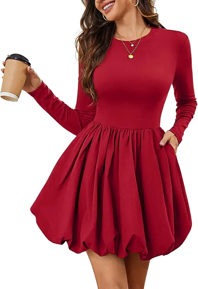 Meetjen Women's Long Sleeve Bubble Dress Short Fall Crew Neck High Waist Mini Cocktail Party Dresses with Pockets